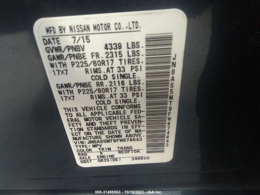 2015 NISSAN ROGUE SELECT S JN8AS5MT9FW674643