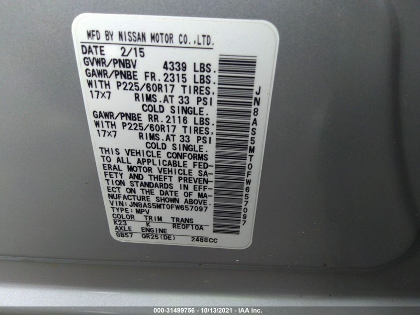 2015 NISSAN ROGUE SELECT S JN8AS5MT0FW657097