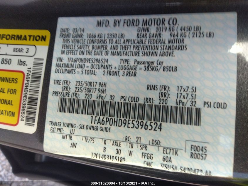 2014 FORD FUSION SE 1FA6P0HD9E5396524