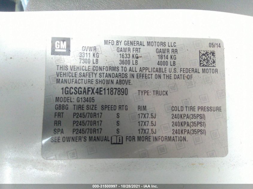 2014 CHEVROLET EXPRESS CARGO VAN 1GCSGAFX4E1187890