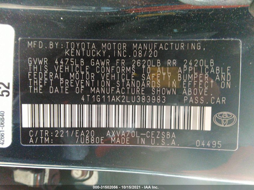 2020 TOYOTA CAMRY SE 4T1G11AK2LU383983