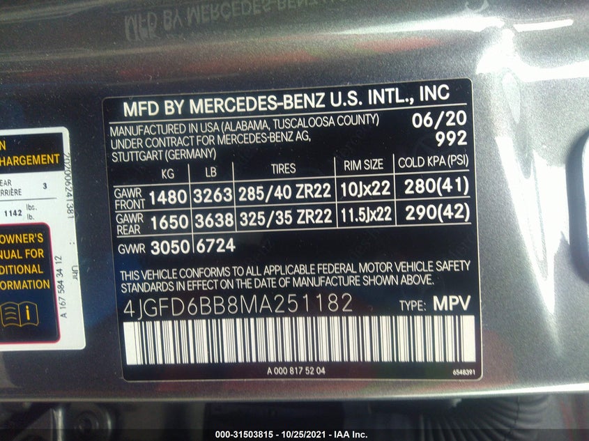2021 MERCEDES-BENZ GLE VIN: 4JGFD6BB8MA251182