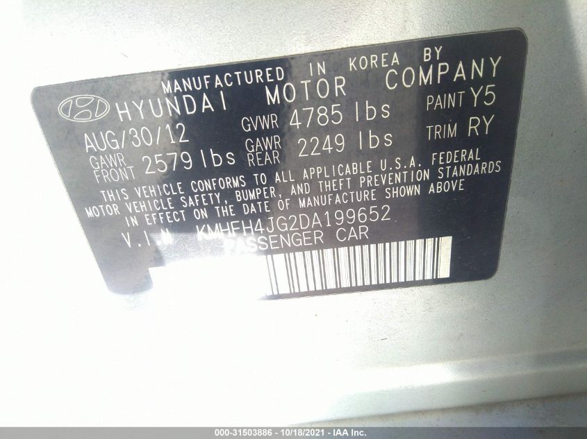 2013 HYUNDAI AZERA KMHFH4JG2DA199652