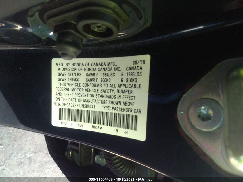 2018 HONDA CIVIC SEDAN EX 2HGFC2F71JH586241