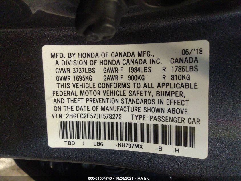 2018 HONDA CIVIC SEDAN LX 2HGFC2F57JH578272