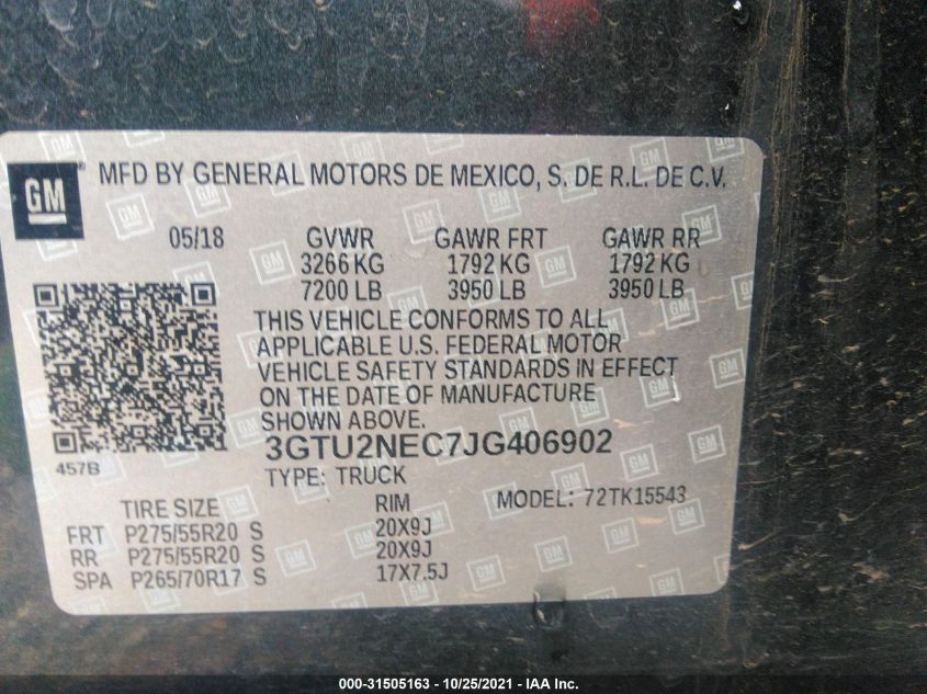 2018 GMC SIERRA 1500 SLT 3GTU2NEC7JG406902
