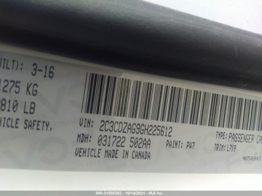 2016 DODGE CHALLENGER SXT VIN: 2C3CDZAG9GH225612