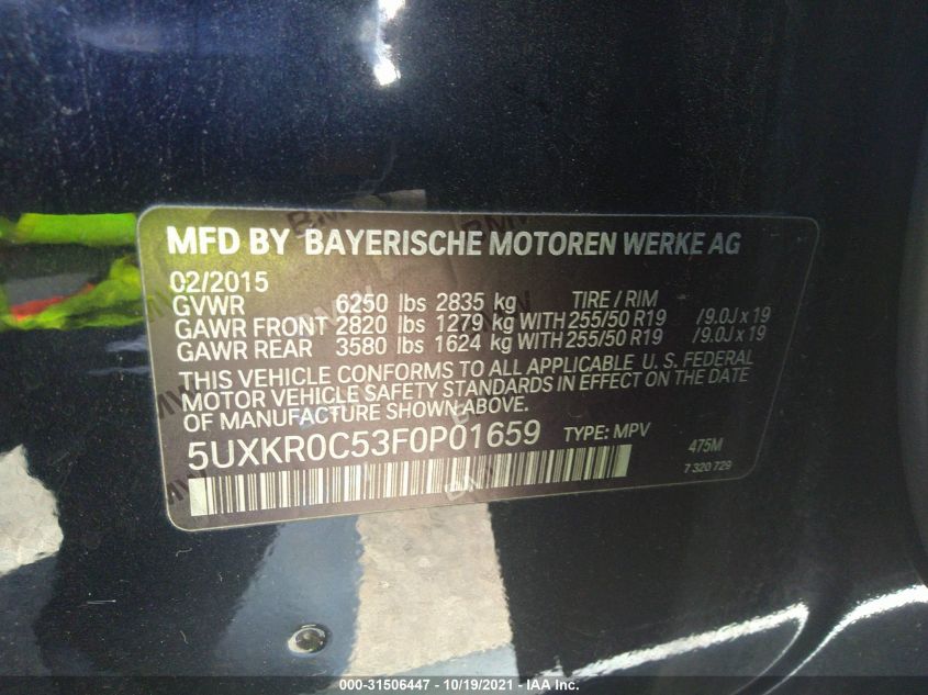 2015 BMW X5 XDRIVE35I 5UXKR0C53F0P01659