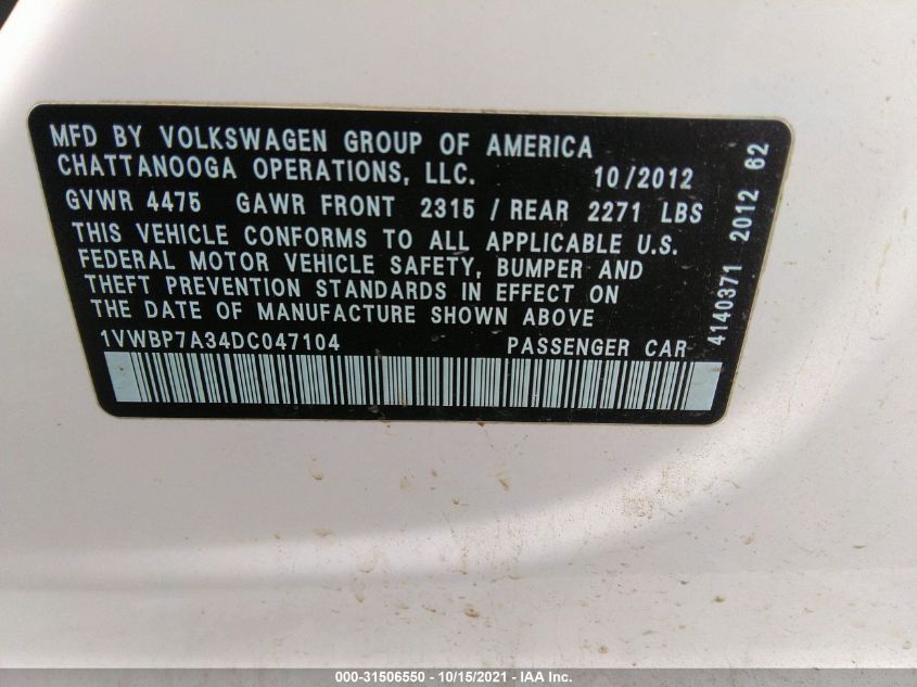 2013 VOLKSWAGEN PASSAT SE W/SUNROOF & NAV 1VWBP7A34DC047104