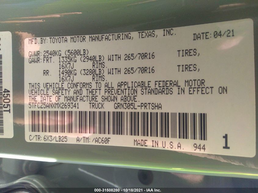 2021 TOYOTA TACOMA 4WD SR/SR5/TRD SPORT 5TFCZ5ANXMX269341