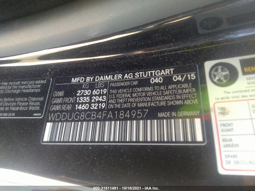 2015 MERCEDES-BENZ S-CLASS S 550 WDDUG8CB4FA184957