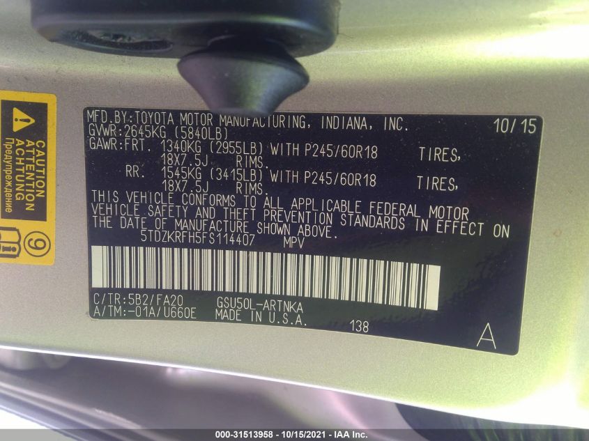 2015 TOYOTA HIGHLANDER LE 5TDZKRFH5FS114407