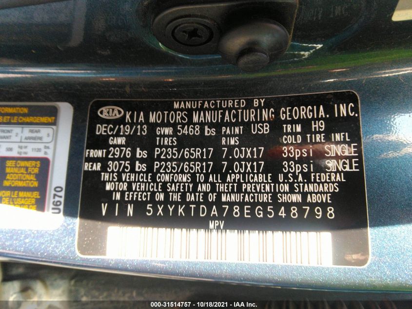 2014 KIA SORENTO LX 5XYKTDA78EG548798