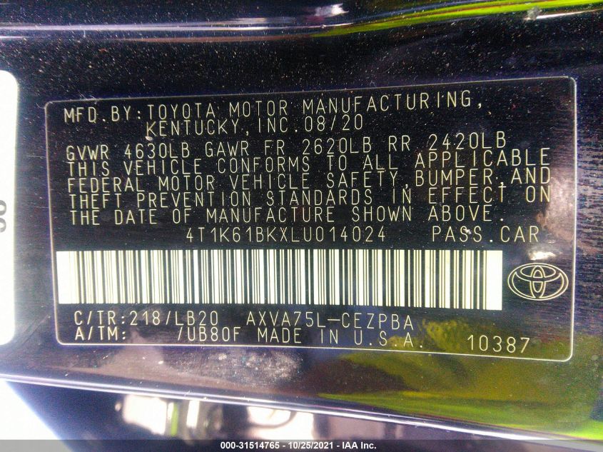 2020 TOYOTA CAMRY XSE 4T1K61BKXLU014024