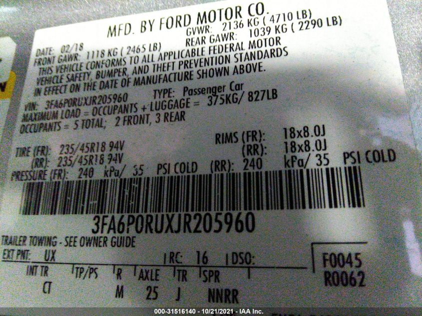 2018 FORD FUSION HYBRID TITANIUM/PLATINUM 3FA6P0RUXJR205960