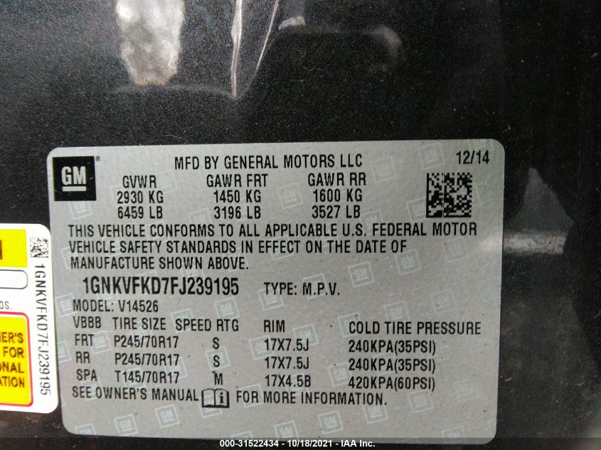 2015 CHEVROLET TRAVERSE LS 1GNKVFKD7FJ239195