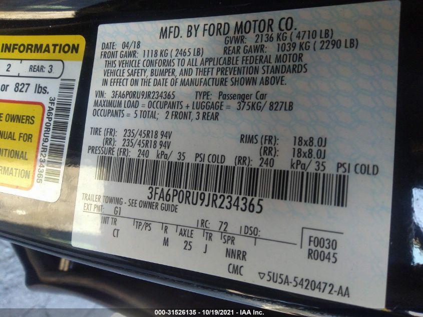 2018 FORD FUSION HYBRID TITANIUM 3FA6P0RU9JR234365
