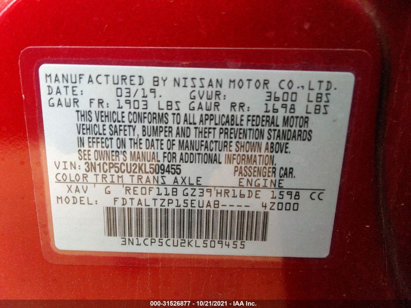2019 NISSAN KICKS SR 3N1CP5CU2KL509455