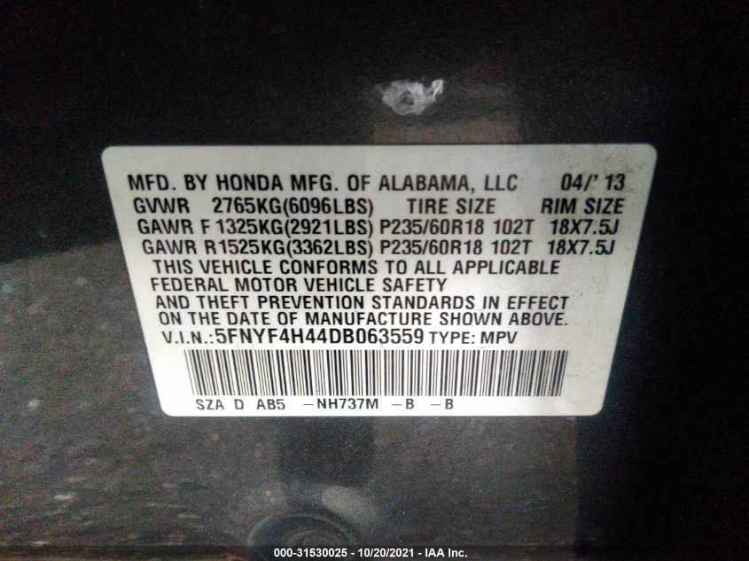 2013 HONDA PILOT EX 5FNYF4H44DB063559
