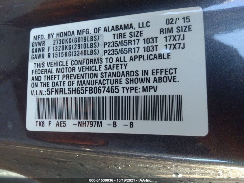 2015 HONDA ODYSSEY EX-L 5FNRL5H65FB067465