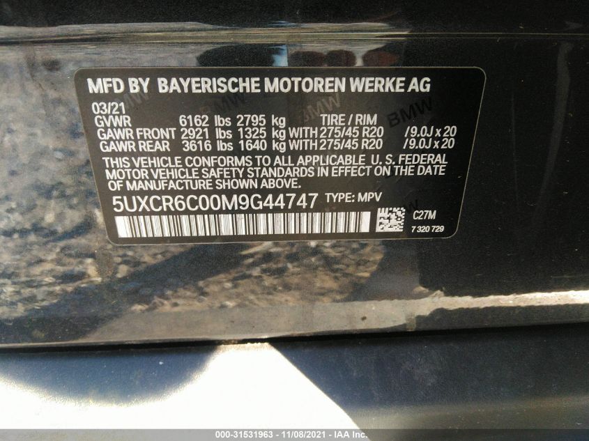 2021 BMW X5 XDRIVE40I 5UXCR6C00M9G44747