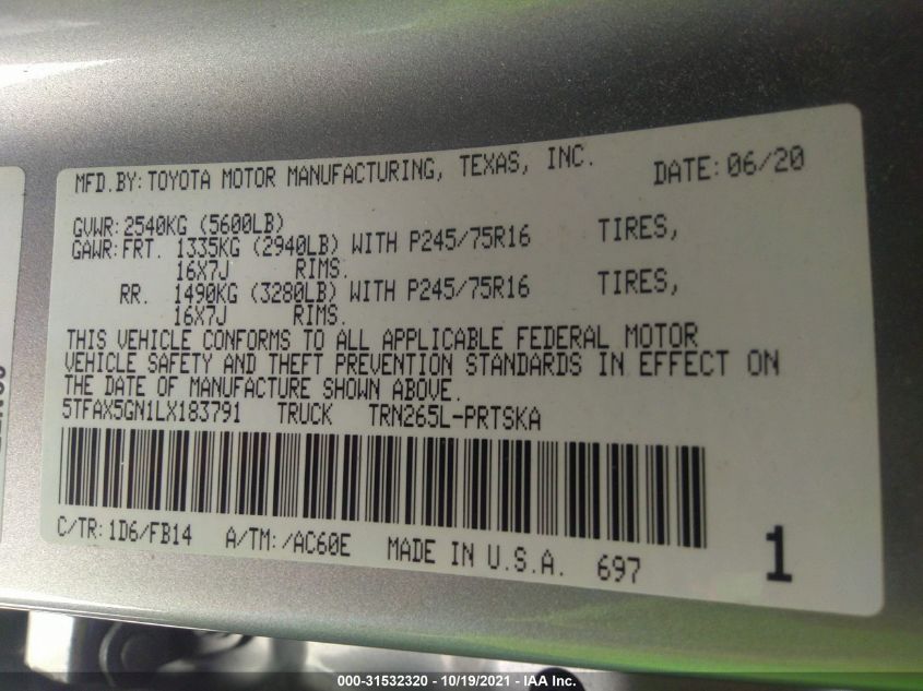 2020 TOYOTA TACOMA 2WD SR/SR5 5TFAX5GN1LX183791