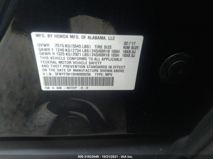2017 HONDA PILOT LX 5FNYF5H10HB009256