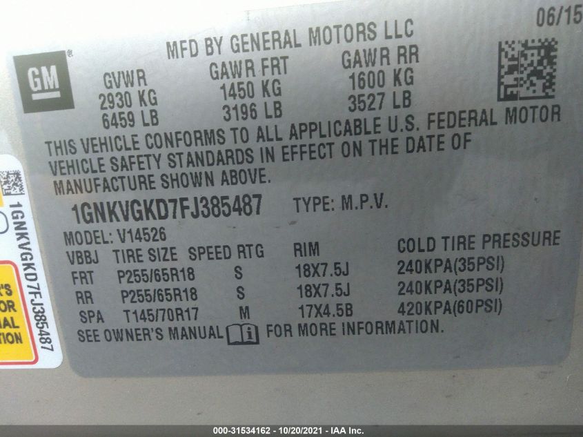 2015 CHEVROLET TRAVERSE LT 1GNKVGKD7FJ385487