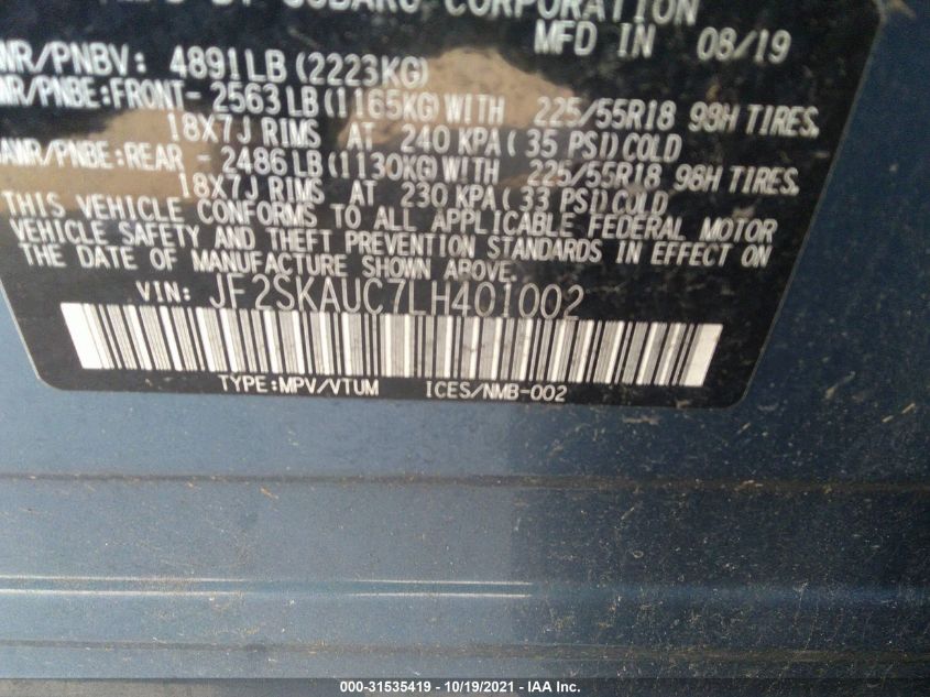 2020 SUBARU FORESTER LIMITED JF2SKAUC7LH401002