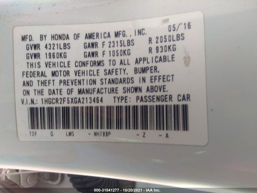 2016 HONDA ACCORD SEDAN SPORT 1HGCR2F5XGA213464