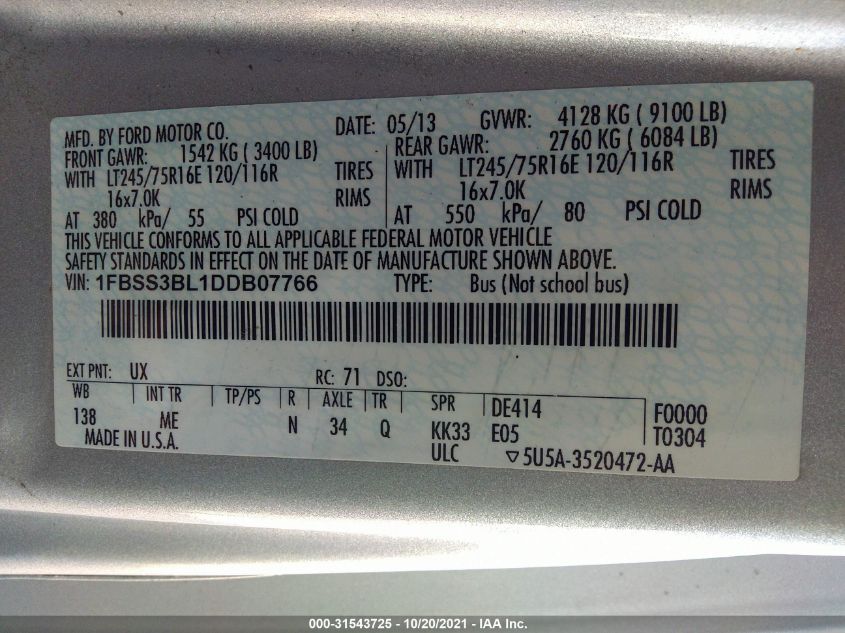 2013 FORD ECONOLINE WAGON XL/XLT 1FBSS3BL1DDB07766