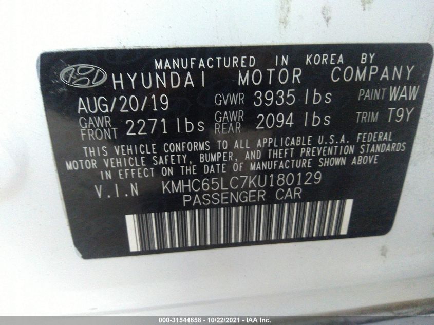 2019 HYUNDAI IONIQ HYBRID BLUE KMHC65LC7KU180129