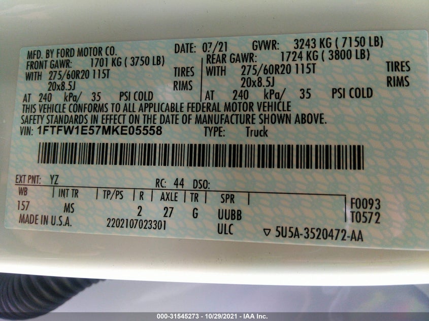 Auction sale of the 2021 FORD F 150 , vin: 1FTFW1E57MKE05558, lot number: 31545273