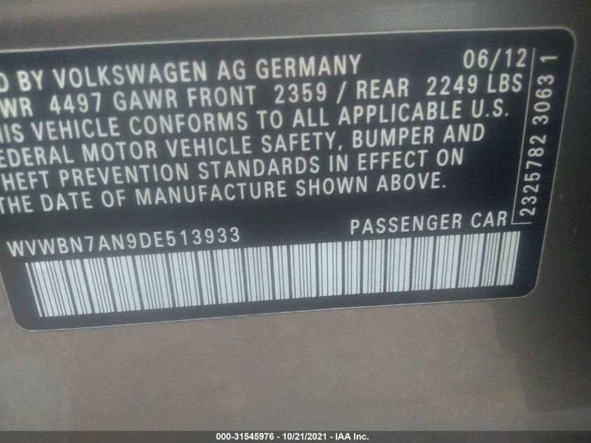 2013 VOLKSWAGEN CC SPORT WVWBN7AN9DE513933