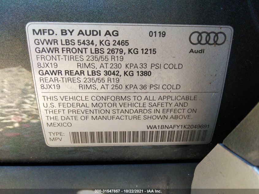 2019 AUDI Q5 PREMIUM PLUS WA1BNAFY1K2049691