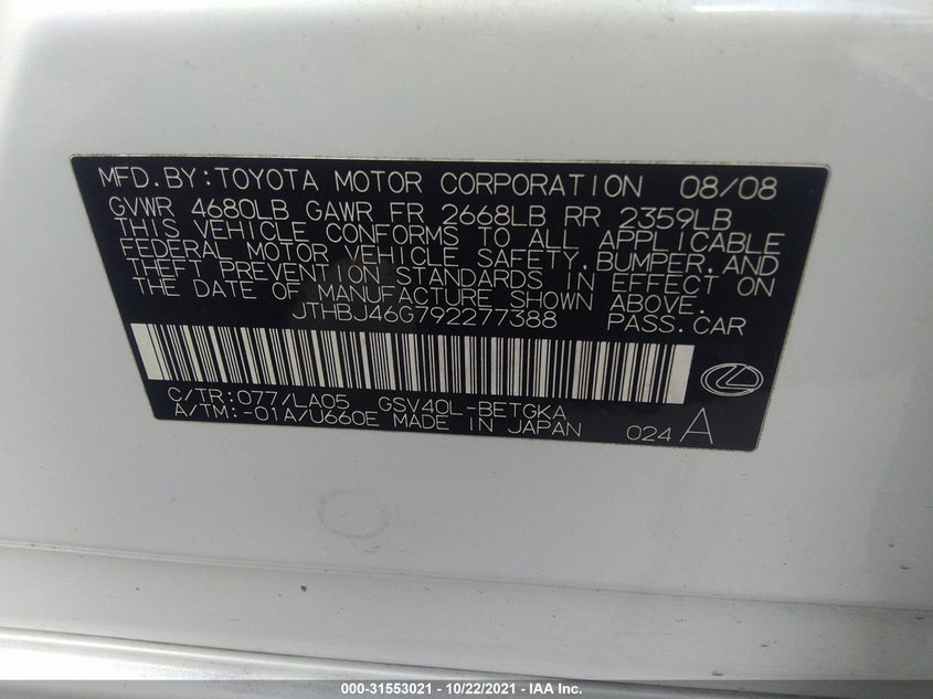 2009 LEXUS ES350 VIN: JTHBJ46G792277388