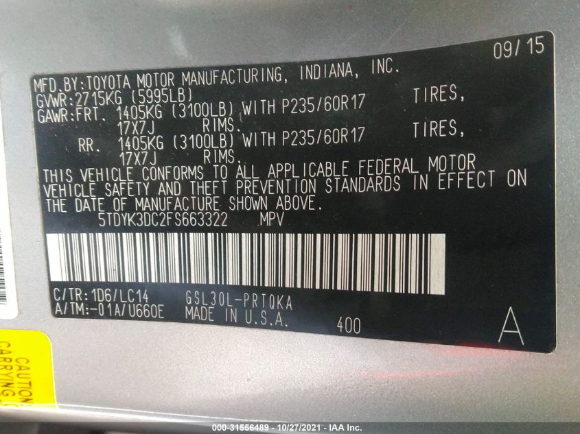 2015 TOYOTA SIENNA XLE/XLE AAS/LTD 5TDYK3DC2FS663322