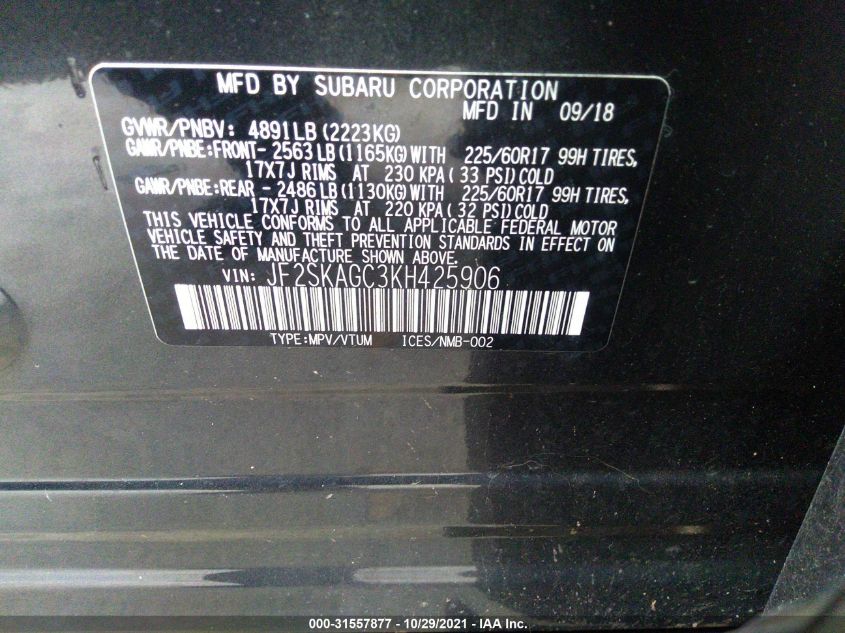 2019 SUBARU FORESTER PREMIUM JF2SKAGC3KH425906