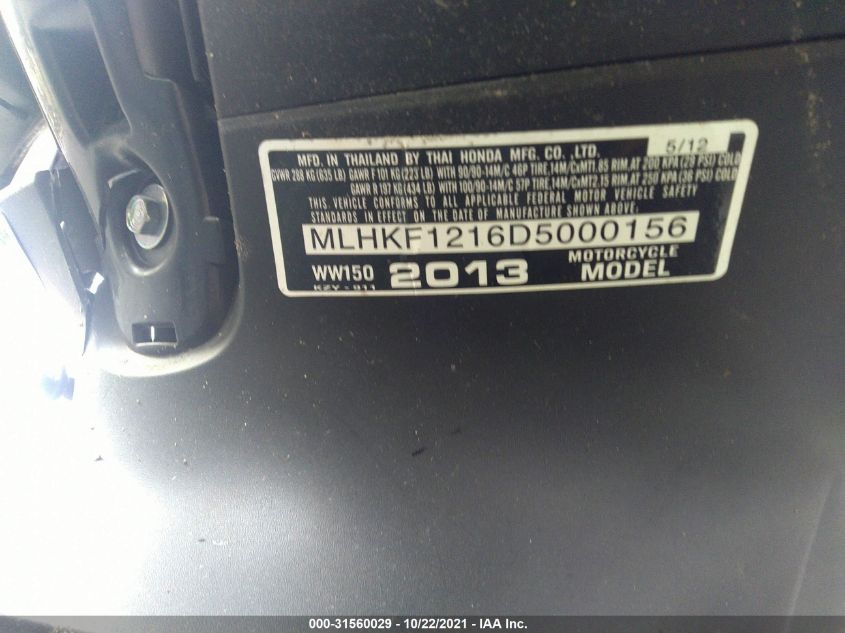 2013 HONDA PCX 150 MLHKF1216D5000156
