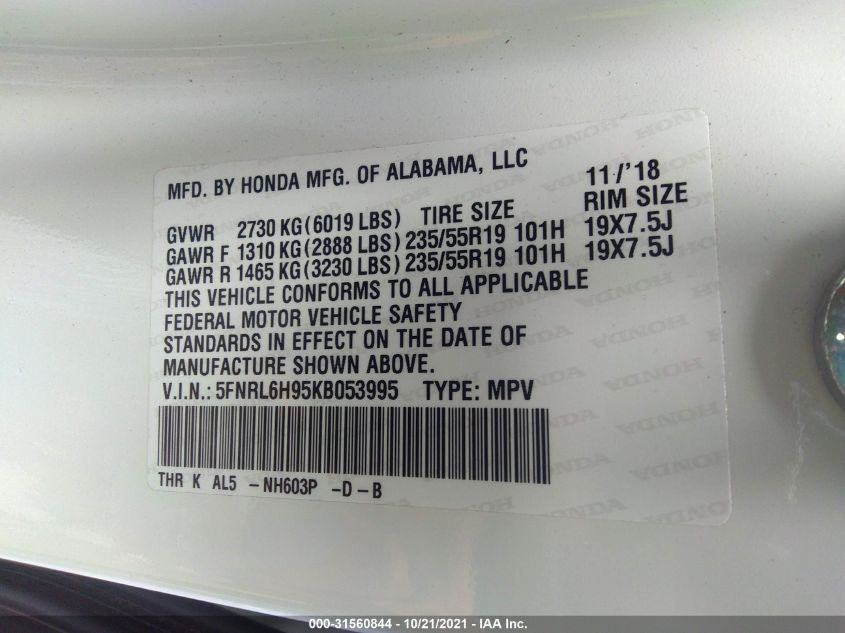 2019 HONDA ODYSSEY ELITE 5FNRL6H95KB053995