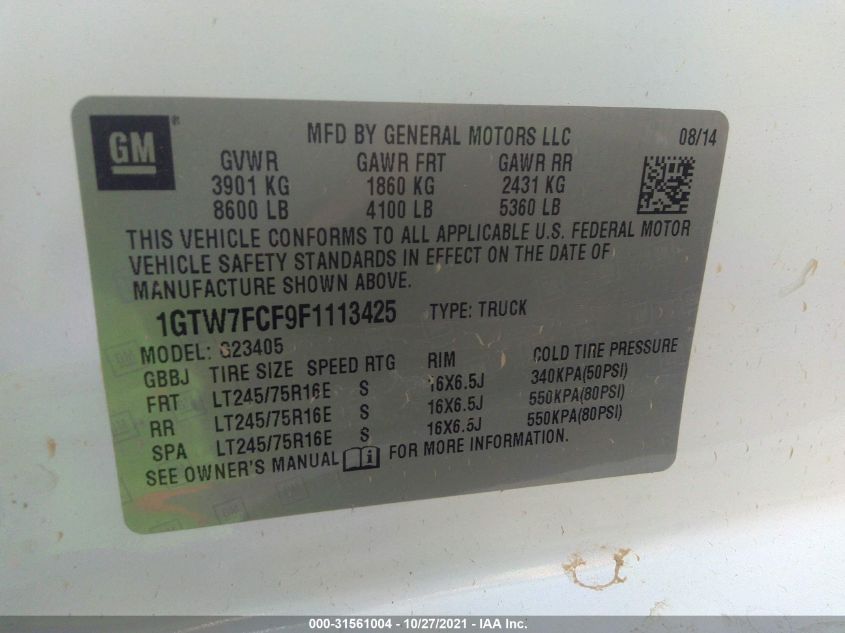 2015 GMC SAVANA CARGO VAN 1GTW7FCF9F1113425