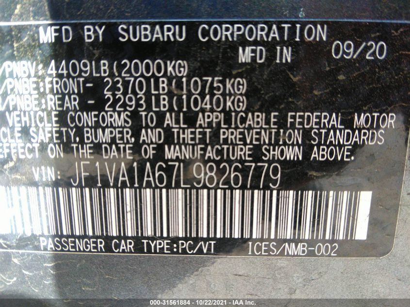 2020 SUBARU WRX JF1VA1A67L9826779