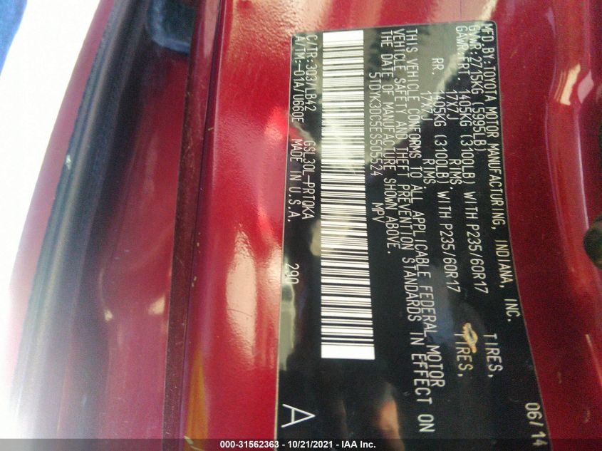 2014 TOYOTA SIENNA XLE/XLE AAS/LTD 5TDYK3DC5ES505524