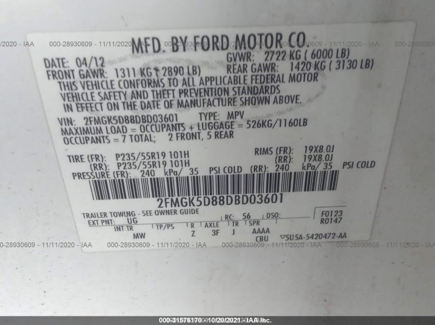 2013 FORD FLEX LIMITED 2FMGK5D88DBD03601