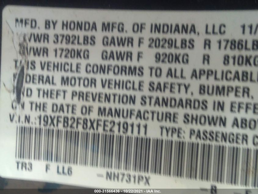 2015 HONDA CIVIC SEDAN EX 19XFB2F8XFE219111
