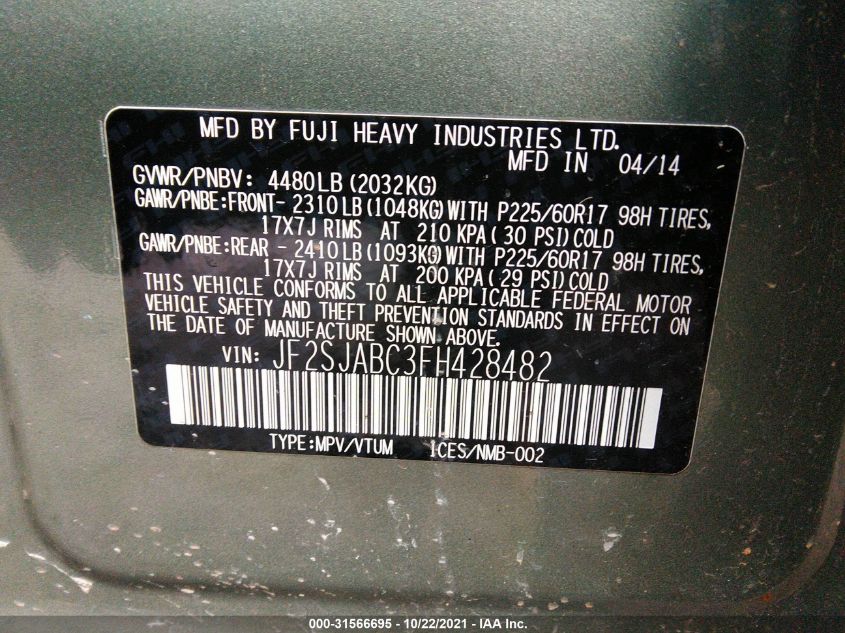 2015 SUBARU FORESTER 2.5I JF2SJABC3FH428482
