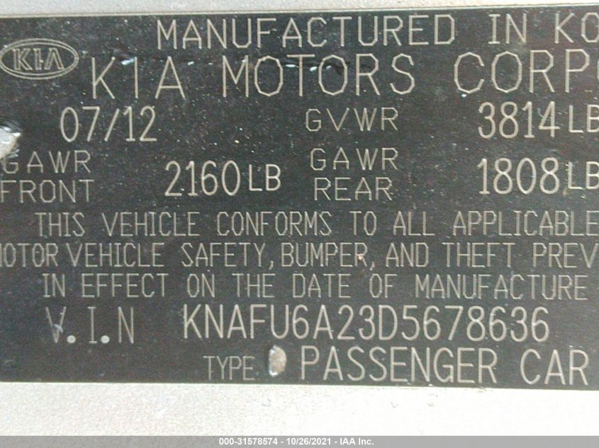 2013 KIA FORTE KOUP EX KNAFU6A23D5678636