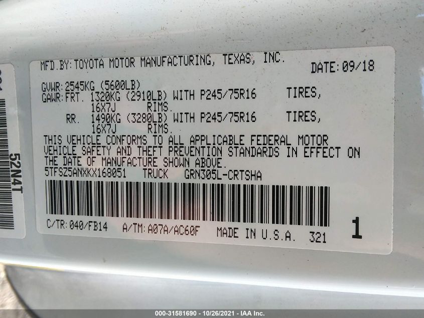 2019 TOYOTA TACOMA 4WD SR5/TRD SPORT 5TFSZ5ANXKX168051