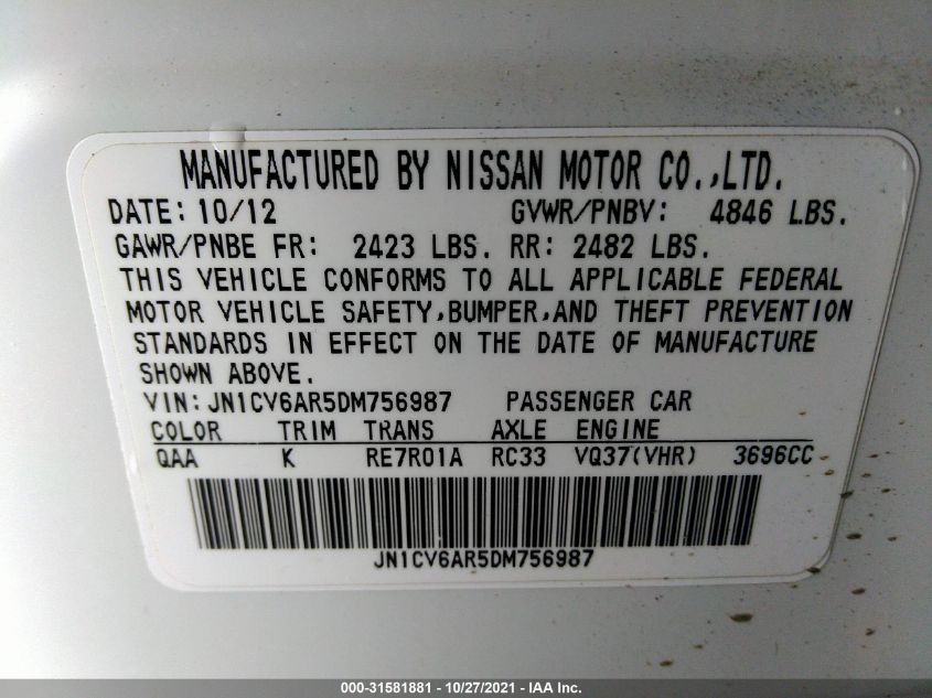 2013 INFINITI G37 SEDAN X JN1CV6AR5DM756987