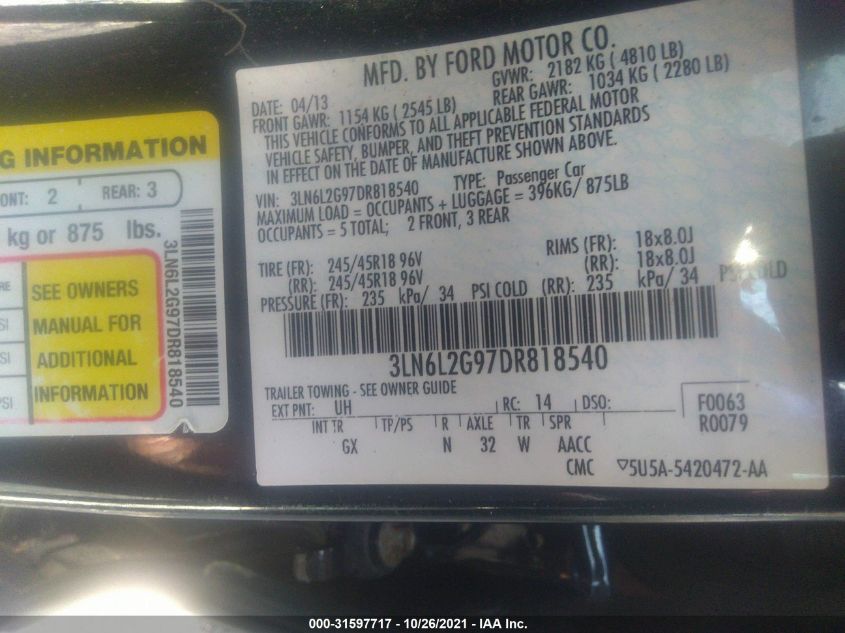 2013 LINCOLN MKZ 3LN6L2G97DR818540